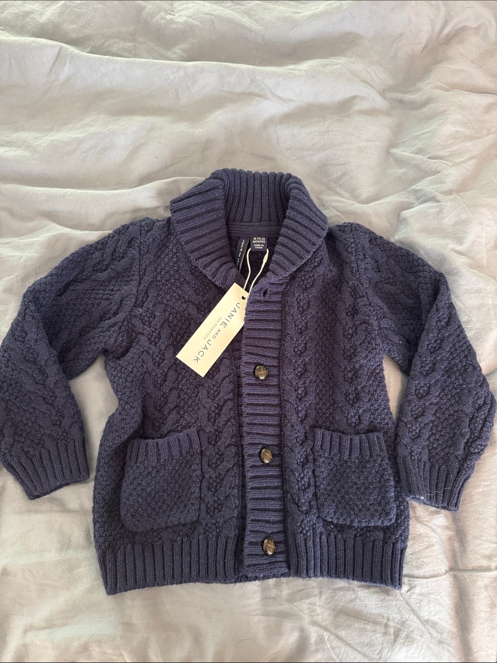 NWT Janie and Jack cable shawl collar cardigan sweater 18-24 months navy blue